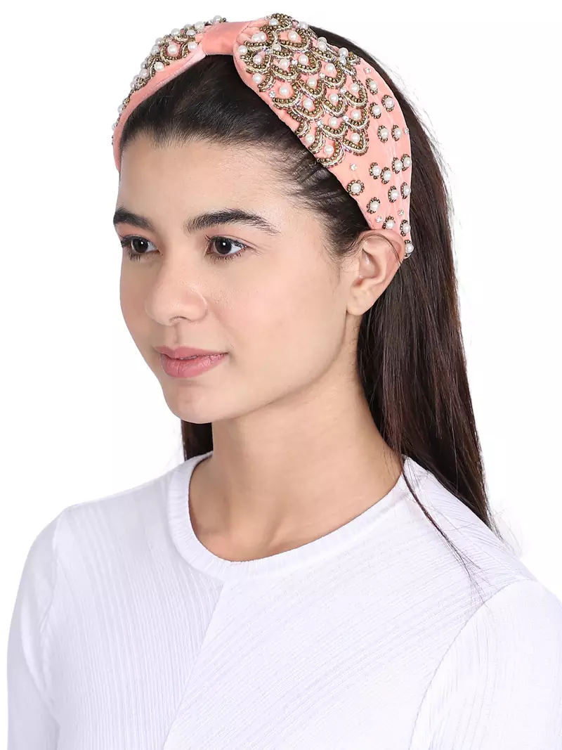 Anekaant Coral/Gold Velvet Pearl Beaded  Hairband