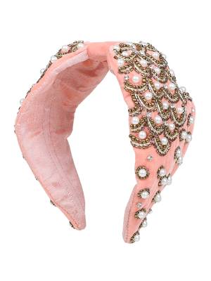 Anekaant Coral/Gold Velvet Pearl Beaded  Hairband 2