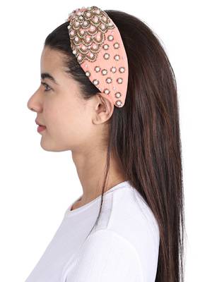 Anekaant Coral/Gold Velvet Pearl Beaded  Hairband 3