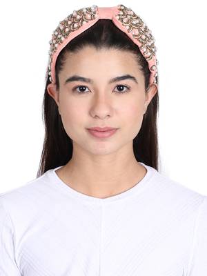 Anekaant Coral/Gold Velvet Pearl Beaded  Hairband 4