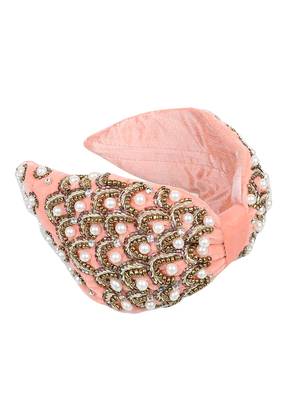 Anekaant Coral/Gold Velvet Pearl Beaded  Hairband 5