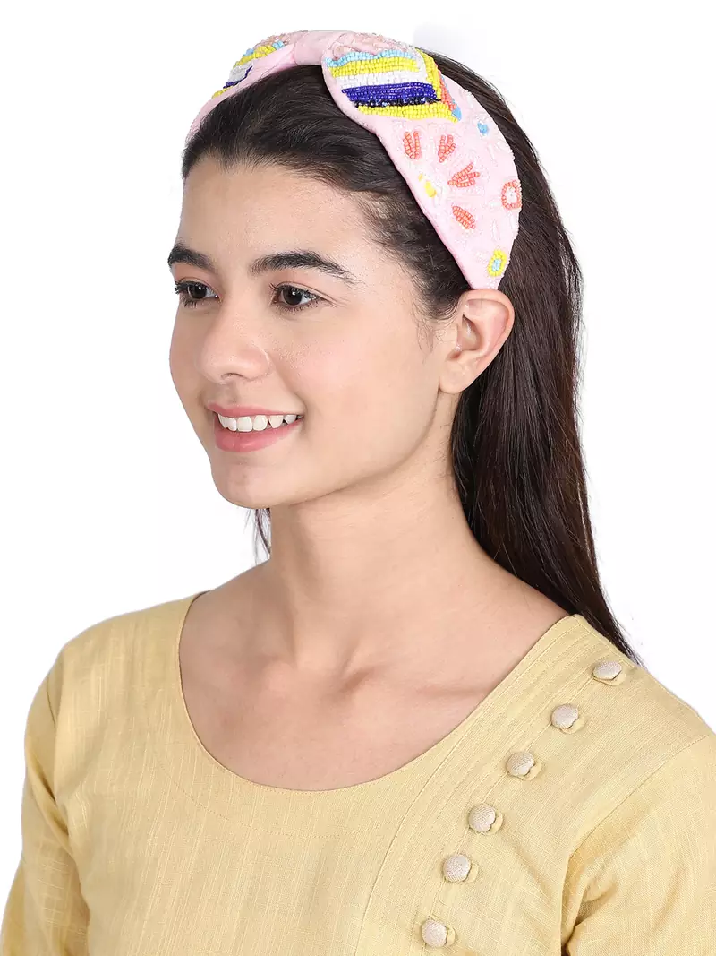 Anekaant Pink/Multi Velvet Floral Beaded  Hairband
