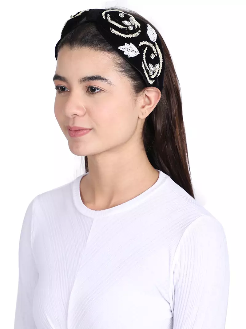 Anekaant Black/Gold Velvet Embellished Hairband