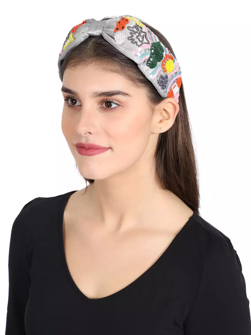 Anekaant Grey/Multi Faux Silk Floral Sequin/Beaded Hairband