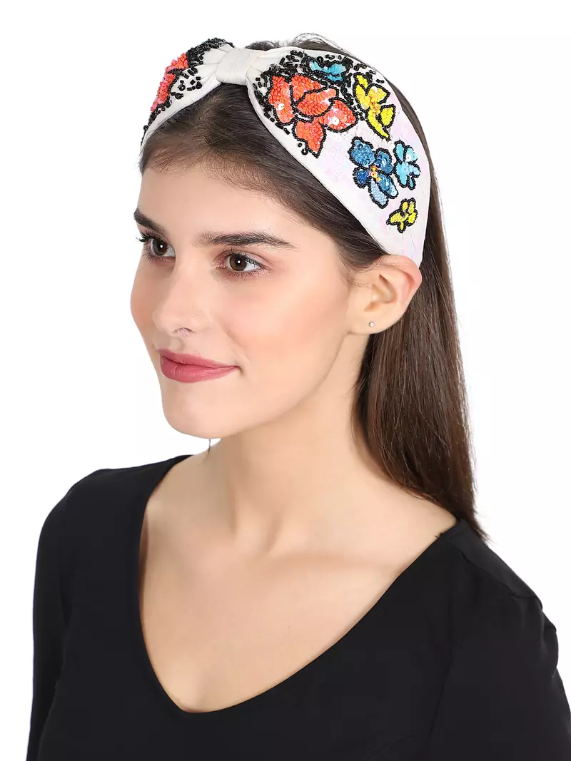 Anekaant White/Multi Faux Silk Floral Sequinned Hairband