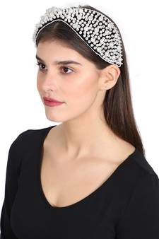 Anekaant Black/White Velvet Pearl Beaded Hairband