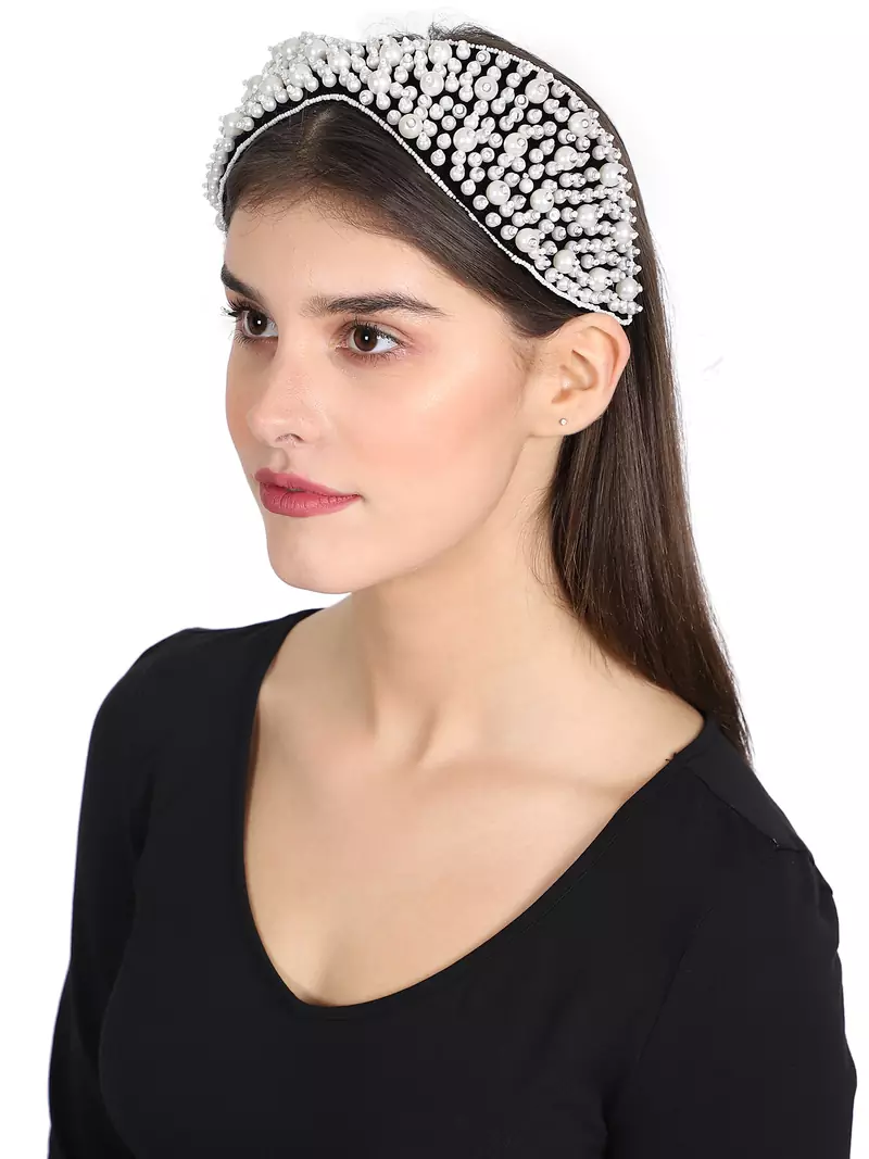 Anekaant Black/White Velvet Pearl Beaded Hairband