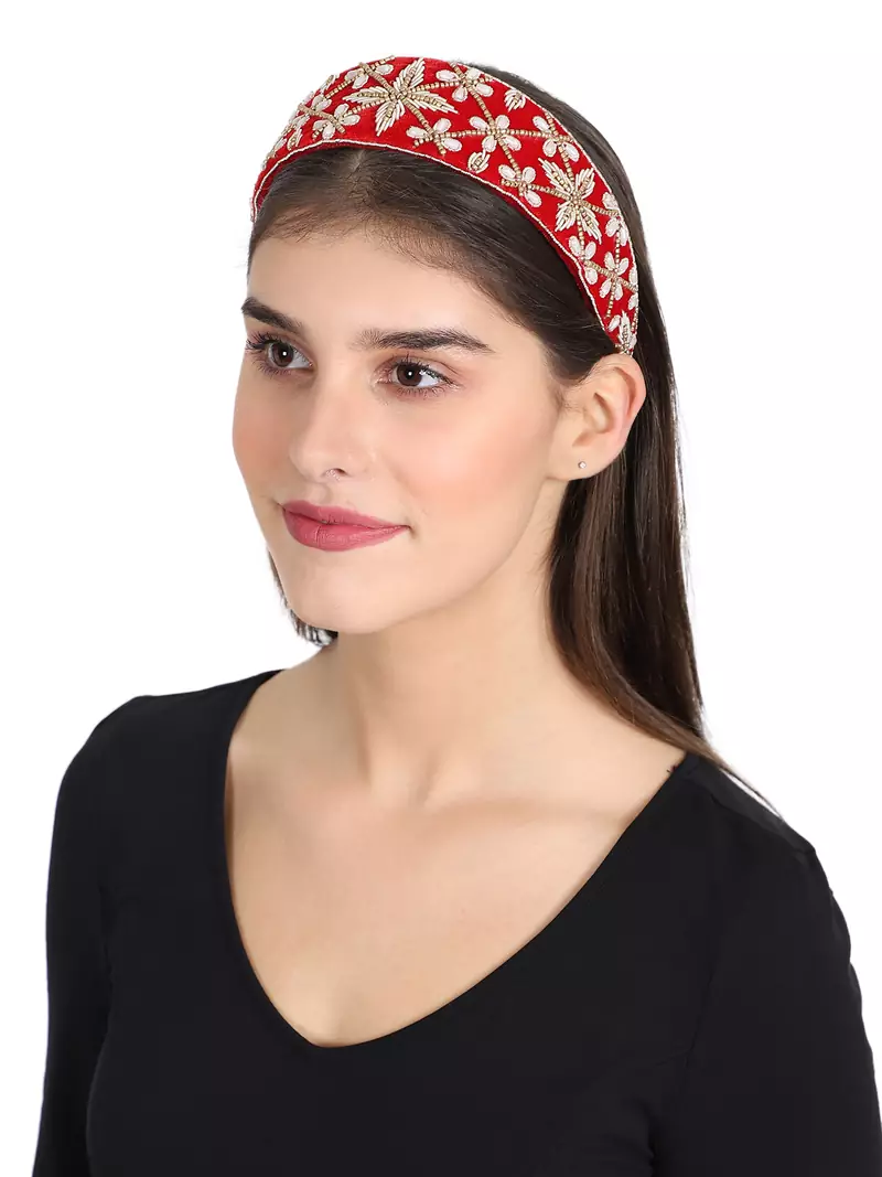 Anekaant Red/Gold Velvet  Floral Embellished Hairband