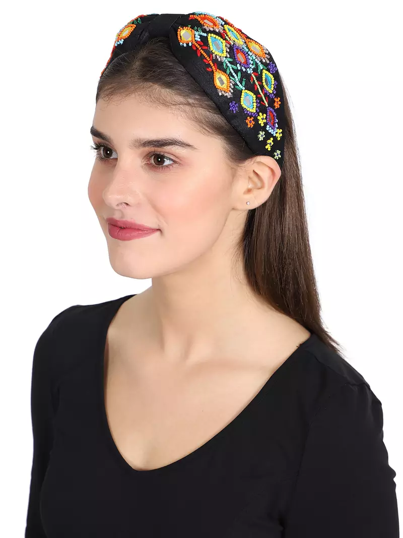 Anekaant Black/Multi Faux Silk Multi Geometric Embellished Hairband