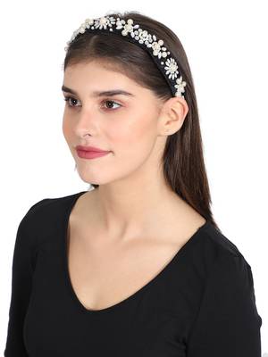 Anekaant Black/White Velvet Floral Beaded Hairband 1