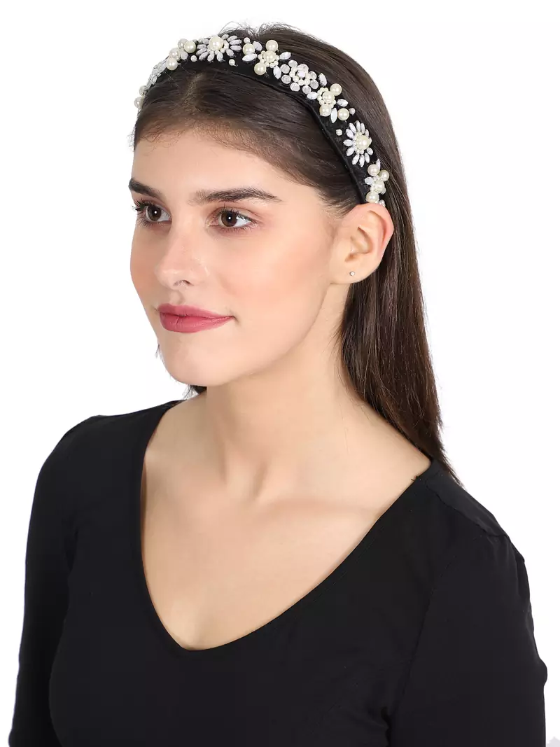 Anekaant Black/White Velvet Floral Beaded Hairband