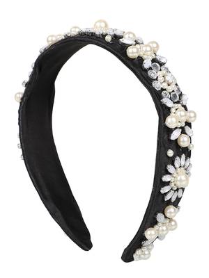 Anekaant Black/White Velvet Floral Beaded Hairband 2