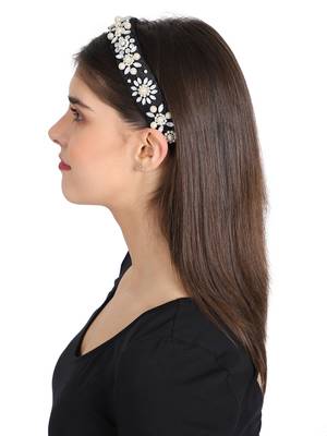 Anekaant Black/White Velvet Floral Beaded Hairband 3