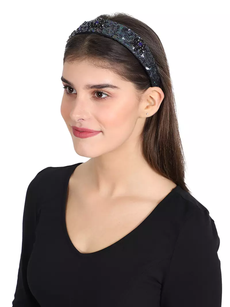 Anekaant Black/Blue Faux Silk Sequinned Hairband