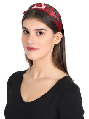Wine/Multi Faux Silk Floral Embellished Hairband 1
