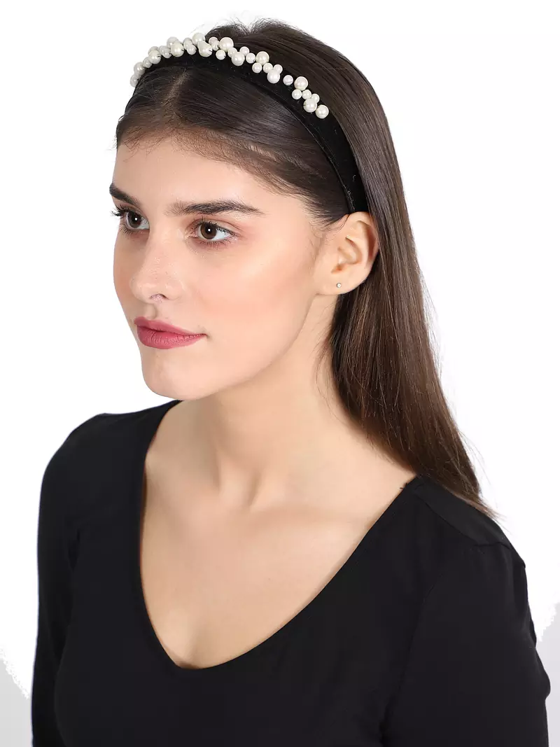 Anekaant Black/White Velevt Pearl Beaded Hairband