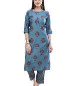 Women Straight Printed Rayon Kurta With Pant (Blue)