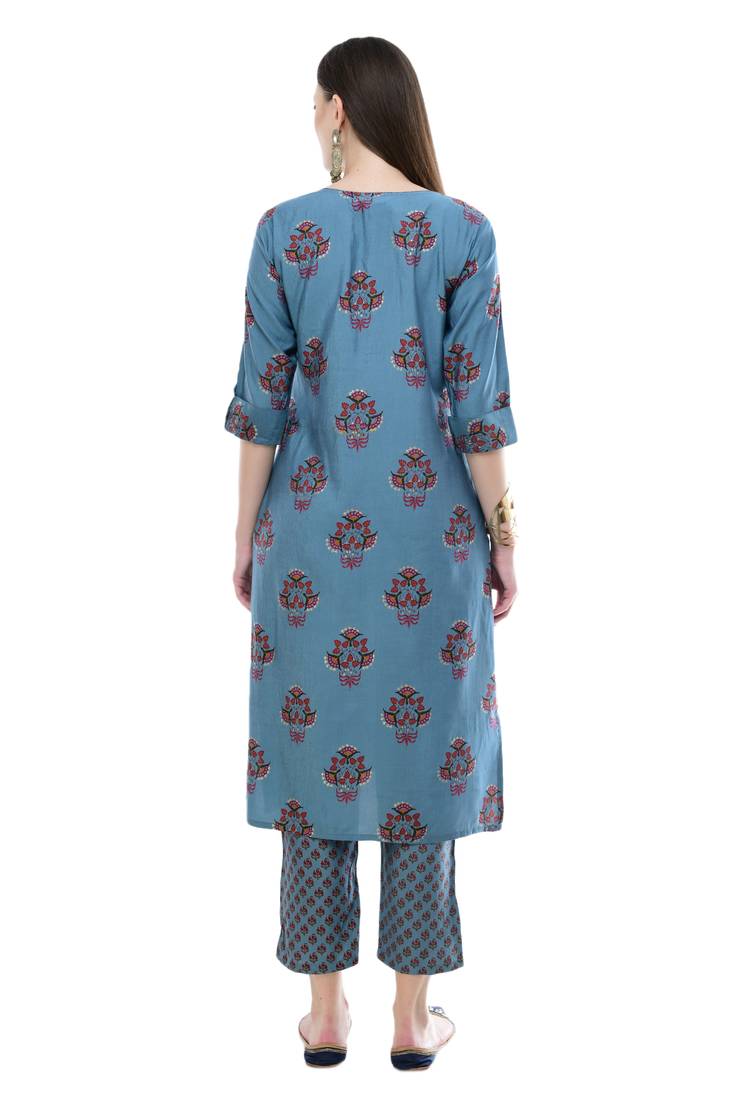 Women Straight Printed Rayon Kurta With Pant (Blue)