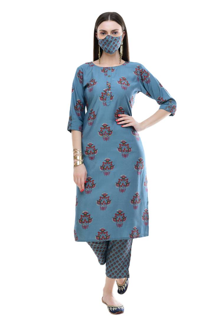 Women Straight Printed Rayon Kurta With Pant (Blue)