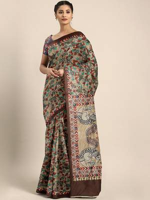 Shaily Women's Beige & Multi Silk Blend Printed Saree 1