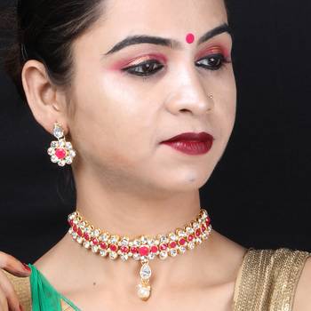 SILVER SHINE Exclusive RED color Choker Set For Girls And Women 4