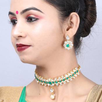SILVER SHINE Exclusive Green Color Choker Set For Girls And Women 4