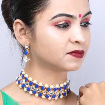 SILVER SHINE Gold Plated Exclusive Dark Blue Choker Set For Girls And Women 4