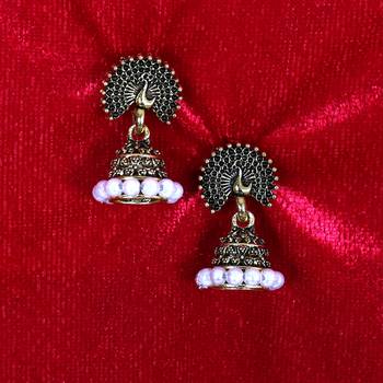 Gold Plated Peacock Jhumkas With White Pearl 1