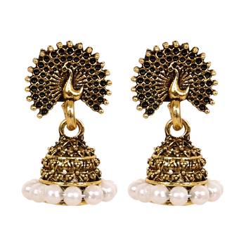 Gold Plated Peacock Jhumkas With White Pearl 2