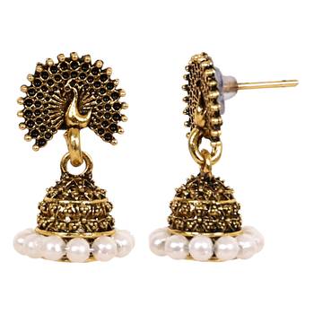 Gold Plated Peacock Jhumkas With White Pearl 3