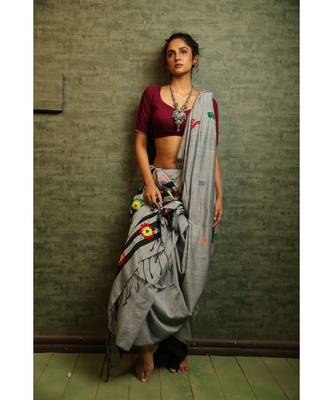 Embroidered Grey Khadi Cotton With Blouse 1
