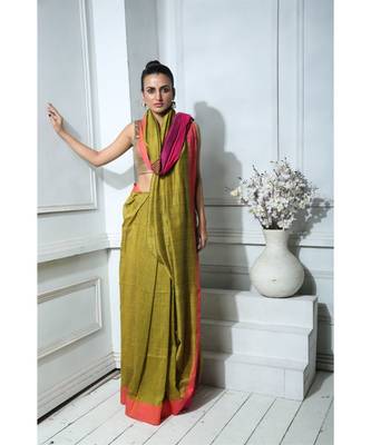 Olive Khadi Cotton saree With Magenta Border And Blouse 1