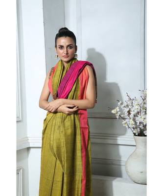 Olive Khadi Cotton saree With Magenta Border And Blouse 2