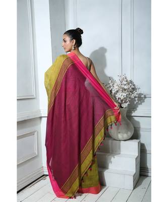 Olive Khadi Cotton saree With Magenta Border And Blouse 3