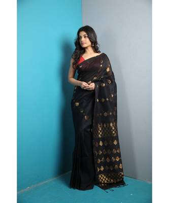 Black Organic Zari Linen With Blouse 1