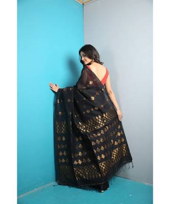Black Organic Zari Linen With Blouse 3