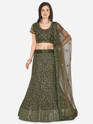 Olive embroidered net semi stitched lehenga 1