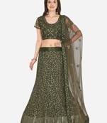 Olive embroidered net semi stitched lehenga