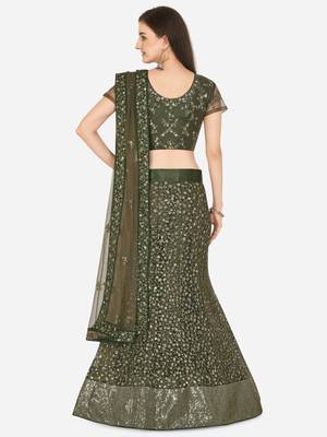Olive embroidered net semi stitched lehenga 2