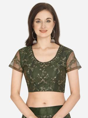 Olive embroidered net semi stitched lehenga 3