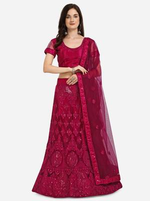 Pink embroidered net semi stitched lehenga 1