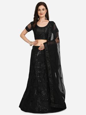 Black embroidered net semi stitched lehenga 1