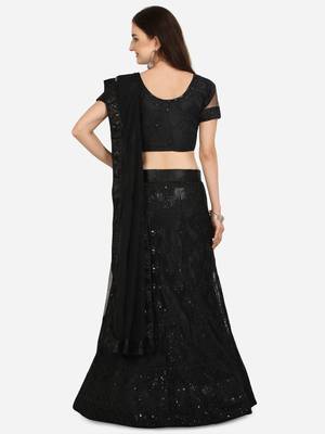 Black embroidered net semi stitched lehenga 2