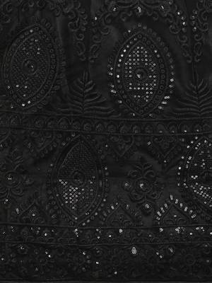 Black embroidered net semi stitched lehenga 4