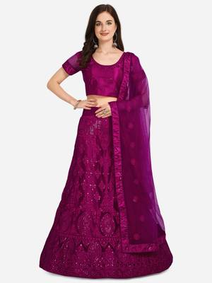 Purple embroidered net semi stitched lehenga 1