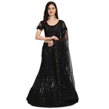 Black embroidered net semi stitched lehenga 1