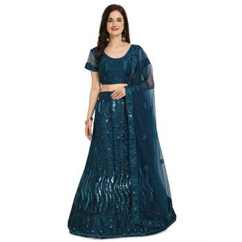 Teal embroidered net semi stitched lehenga 1