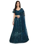 Teal embroidered net semi stitched lehenga