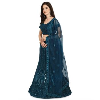 Teal embroidered net semi stitched lehenga 2