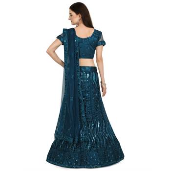 Teal embroidered net semi stitched lehenga 3